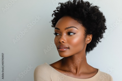 A woman with natural curly hair poses gracefully against a neutral background...