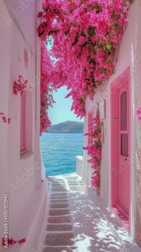 A vibrant pink bougainvillea surrounds a charming coastal doorway by the sea