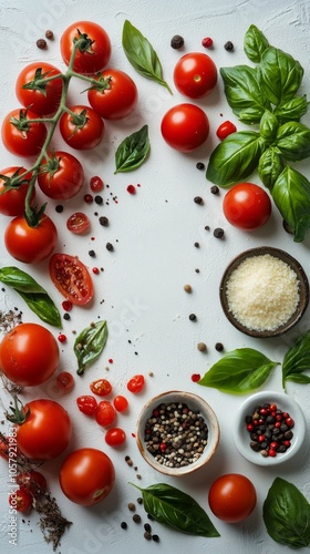 Fresh tomatoes and basil with spices and cheese on a white surface for a cooking preparation setup