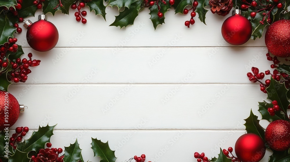 Festive Christmas decorations with red ornaments, pinecones, and holly berries on a white wooden background, creating a holiday frame Festive Christmas decorations with red ornaments, pinecones, and holly berries on a white wooden background, creating a holiday frame