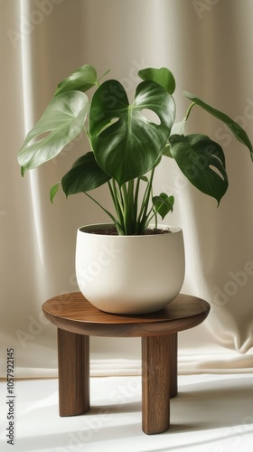 A healthy potted plant in a bright room casting gentle shadows in the afterno...