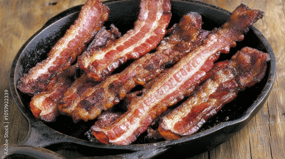 Juicy bacon sizzles in a cast-iron skillet, its aroma filling the air, as it crisps to perfection on a rustic wooden table, evoking warmth and home. Juicy bacon sizzles in a cast-iron skillet, its aroma filling the air, as it crisps to perfection on a rustic wooden table, evoking warmth and home.