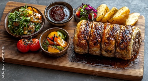 Deliciously prepared meatloaf served with sides on a rustic wooden board in a...