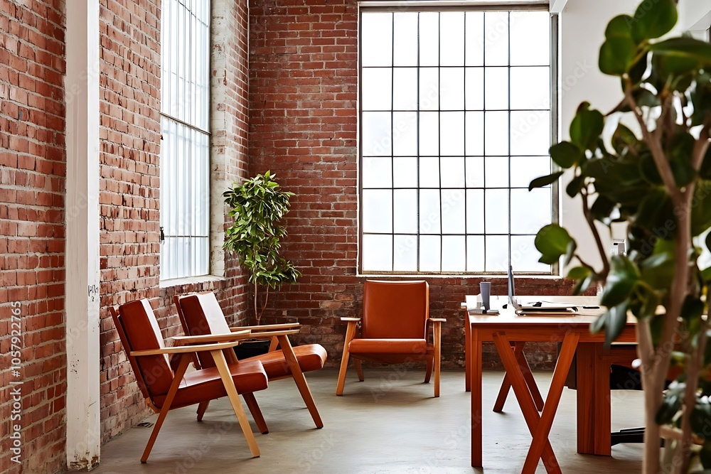 Obraz premium Modern Minimalistic Concrete Coworking Office room with Blank Walls, High Ceilings,and Mockup Frame