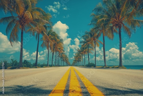 A quiet road lined with palm trees on a sunny day in a scenic landscape