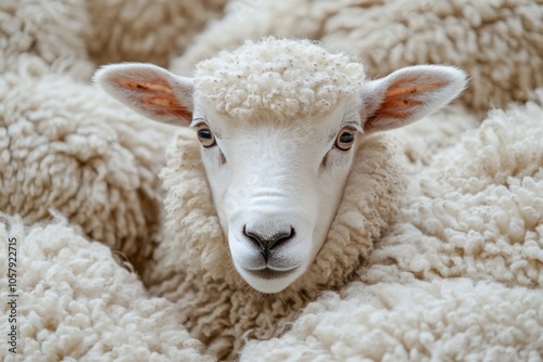 A close up of a young lamb looking curiously at the camera against a plain ba...