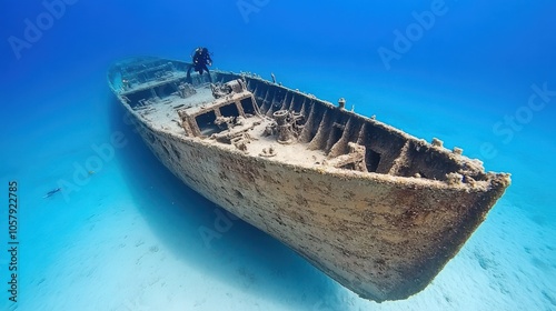 A solitary scuba diver explores the eerie beauty of a sunken ship, surrounded by the endless blues of the ocean, suspended in a serene aquatic world.