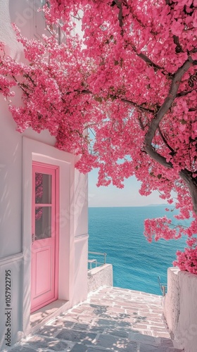 A vibrant pink bougainvillea surrounds a charming coastal doorway by the sea