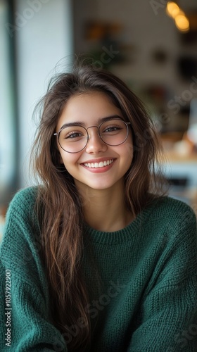 Young woman with glasses smiling warmly indoors in a cozy setting during dayl...