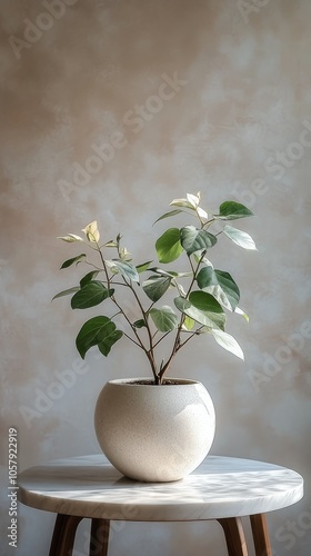 A healthy potted plant in a bright room casting gentle shadows in the afterno...