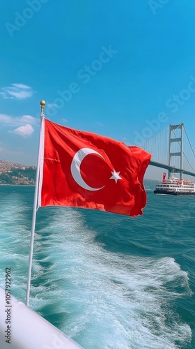A ferry cruise on the Bosphorus with the Turkish flag waving under a clear bl...