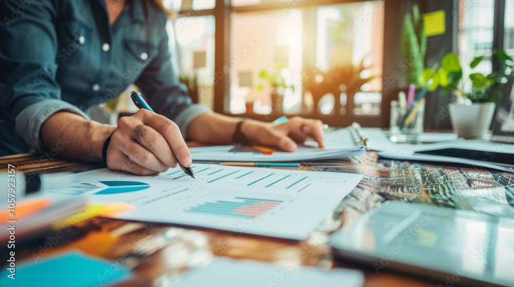 Fototapeta premium Person analyzing financial data on graphs and reports