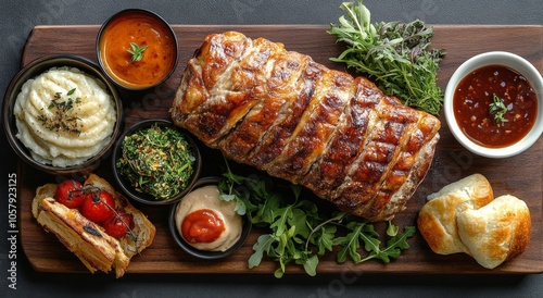 Deliciously prepared meatloaf served with sides on a rustic wooden board in a...