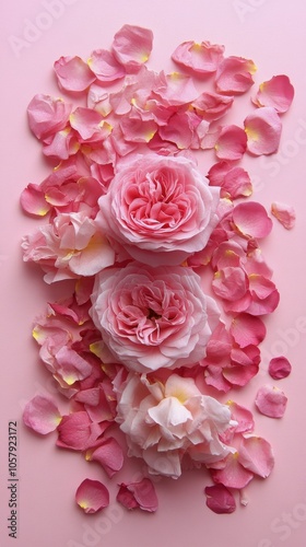 Soft pink roses with petals arranged on a gentle pink background showcasing n...