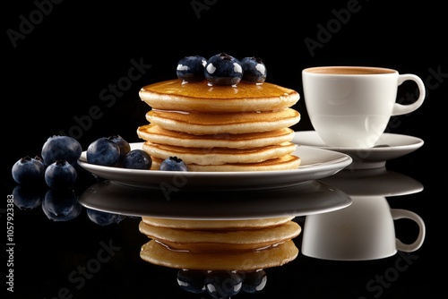 Delicious stack of pancakes with berries and a cup of coffee on a reflective ...