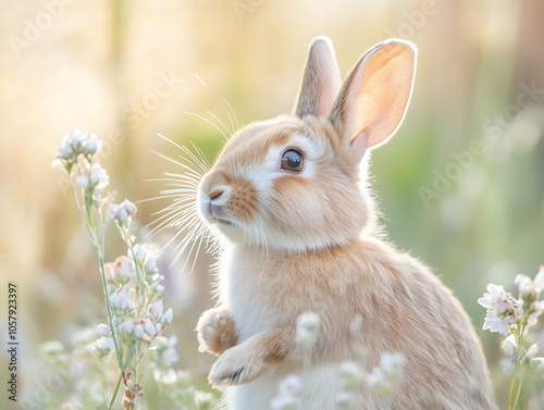 Cute Bunny Rabbit in Spring Flowers Meadow Easter Pet Wildlife Animal Photography