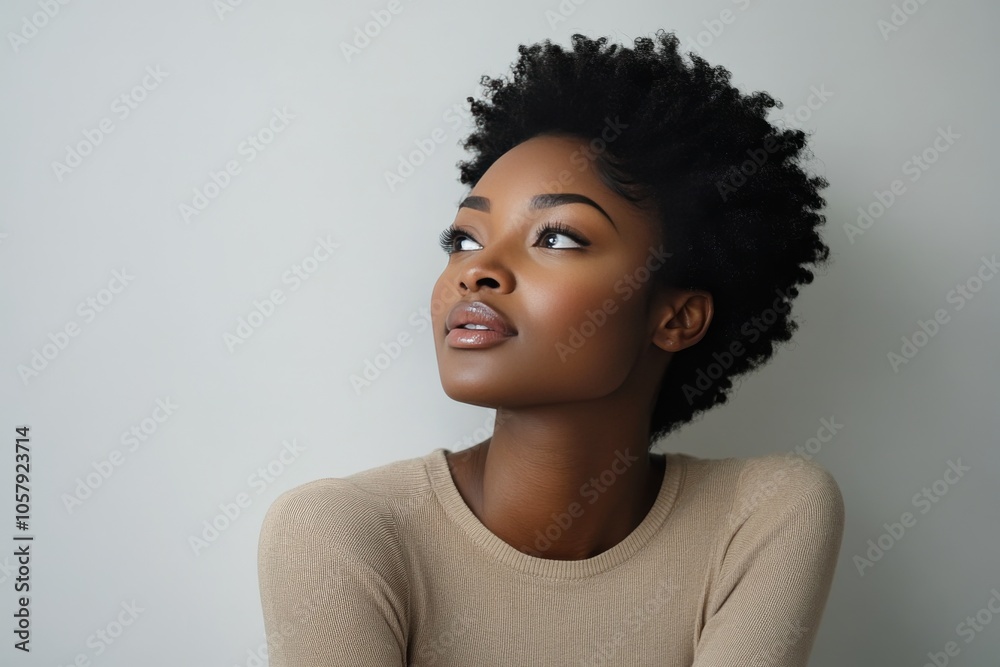 A woman with natural curly hair poses gracefully against a neutral background indoors A woman with natural curly hair poses gracefully against a neutral background indoors