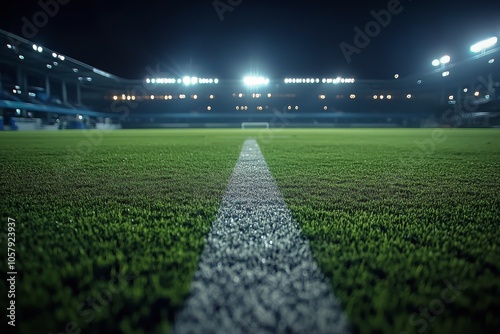 Grass field illuminated at night inside a stadium with bright lights and a pe...