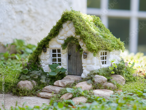 Miniature Stone Cottage with Mossy Roof and Stone Path