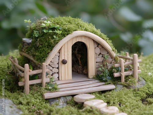 Miniature Fairy House with Moss Roof and Wooden Fence Cottagecore Decor