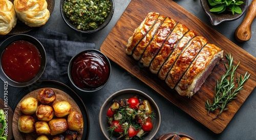 Deliciously prepared meatloaf served with sides on a rustic wooden board in a...