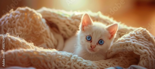 Adorable Heterochromatic Kitten Relaxing on Cozy Blanket - Perfect for Pet Adoption Promos photo