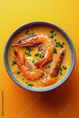Fresh shrimp in vibrant orange sauce garnished and served in a bowl on a brig...