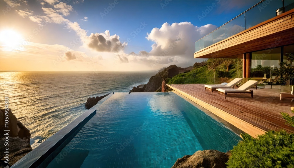 Fototapeta premium An expansive seaside infinity pool within a luxurious estate, perched on a cliff, presenting