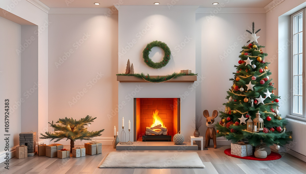 Stylish Christmas interior with decorated fir tree and fireplace isolated with white highlights, png Stylish Christmas interior with decorated fir tree and fireplace isolated with white highlights, png