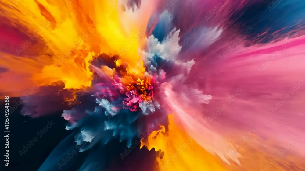 A vibrant explosion of blue, pink, and orange colors creates a stunning abstract art piece
