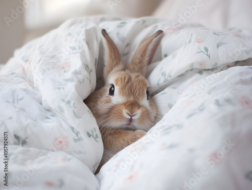 Cute Bunny Peeking Out of Bedding with Floral Pattern