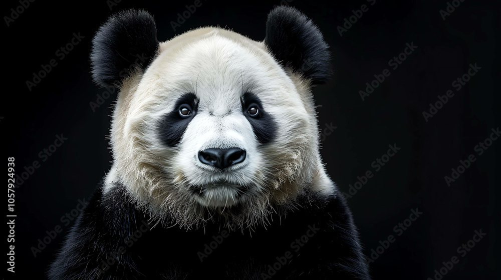 Obraz premium A close-up of a panda's face. The panda is looking at the camera with its big, round eyes. Its fur is black and white, and its nose is pink.