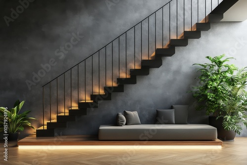 Elegant modern stairway design illuminated with soft lighting in a contempora...