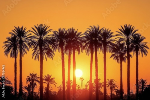 Sunset silhouette of a palm tree against a vibrant orange sky during twilight...