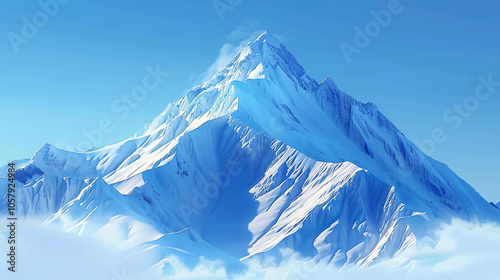 This is a beautiful landscape photograph of a snow-capped mountain peak. The mountain is surrounded by clouds and has a blue sky background. photo