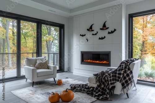 Cozy autumn living room featuring Halloween decorations and a modern fireplace