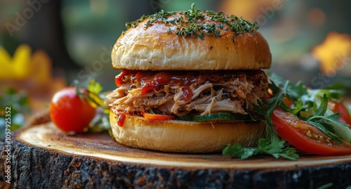 Delicious pulled pork sandwich with fresh vegetables served on a plate