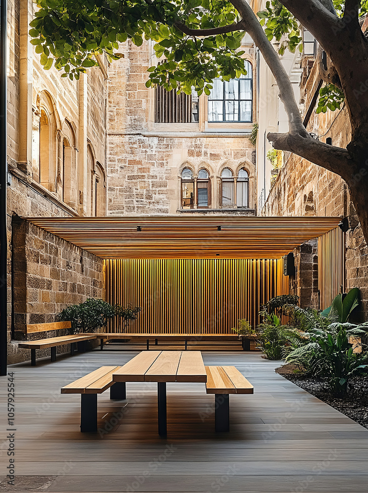 Fototapeta premium a span of wooden slats carved into the middle of an old historic building, creating a relaxing square space