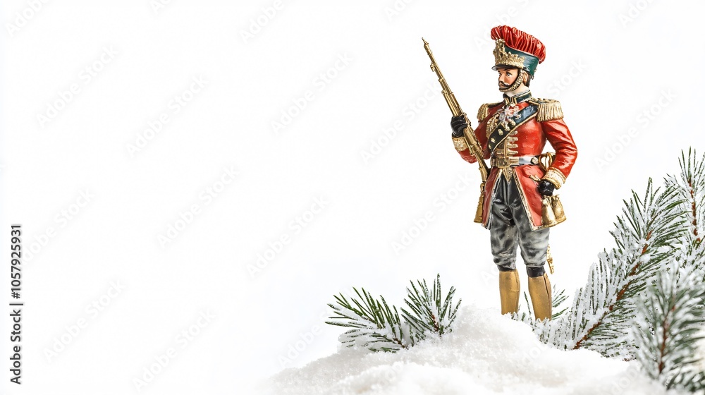 Christmas toy soldier in royal attire, isolated on a bright white background, with fir sprigs and subtle snow effects Christmas toy soldier in royal attire, isolated on a bright white background, with fir sprigs and subtle snow effects