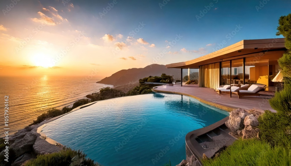 An expansive seaside infinity pool within a luxurious estate, perched on a cliff, presenting An expansive seaside infinity pool within a luxurious estate, perched on a cliff, presenting