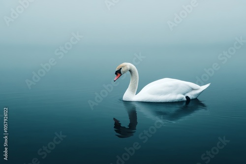 A serene white swan gliding on a calm, misty water surface.