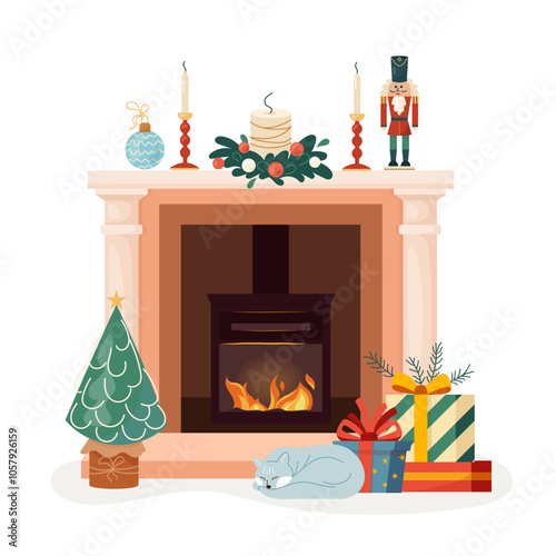 Contemporary classic fireplace decorated for winter holidays. Cozy interior bonfire with mantel decoration, nutcracker, Christmas tree, gifts, candles, inviting warm fire. Vector flat illustration