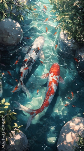 Two koi fish swimming gracefully in a serene pond surrounded by lush greenery...