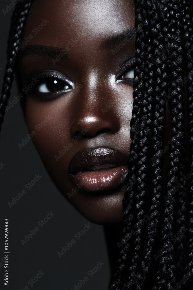 Stunning close-up captures the beauty of a woman with braided hair, featuring expressive eyes and glossy lips, exuding strength and elegance. Stunning close-up captures the beauty of a woman with braided hair, featuring expressive eyes and glossy lips, exuding strength and elegance.