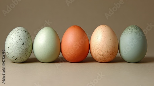 Five decorative eggs in various colors arranged on a neutral background in so...