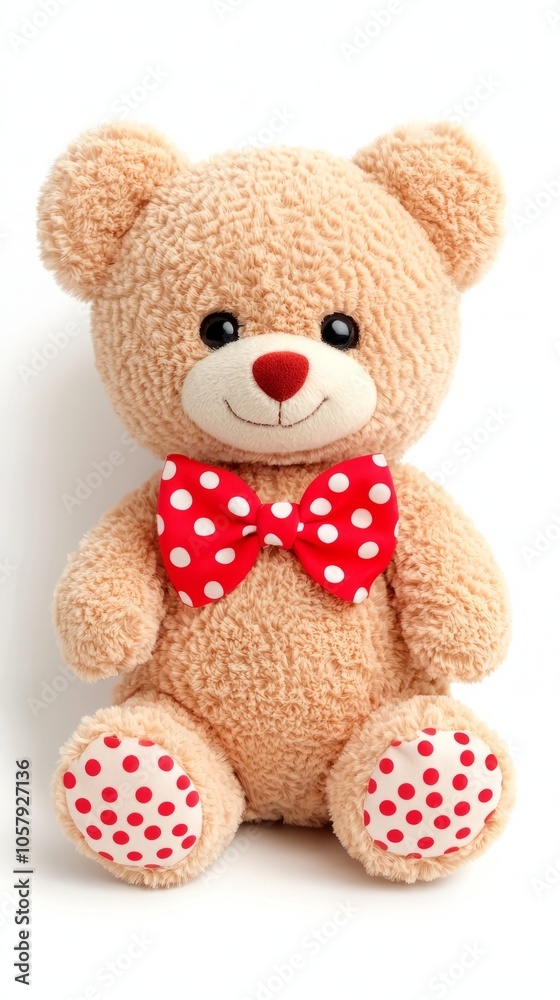 A cuddly brown teddy bear with a red bow tie and polka dots sitting on a white background. A cuddly brown teddy bear with a red bow tie and polka dots sitting on a white background.