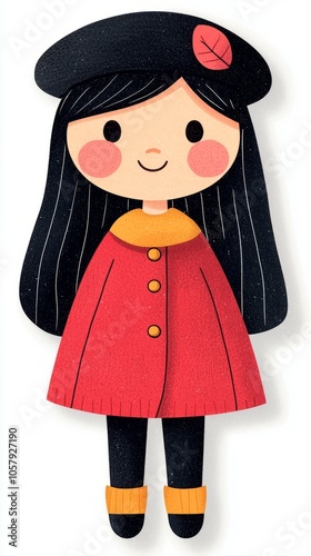 A cute cartoon girl with long black hair wearing a red coat, black beret with a leaf, and black leggings.