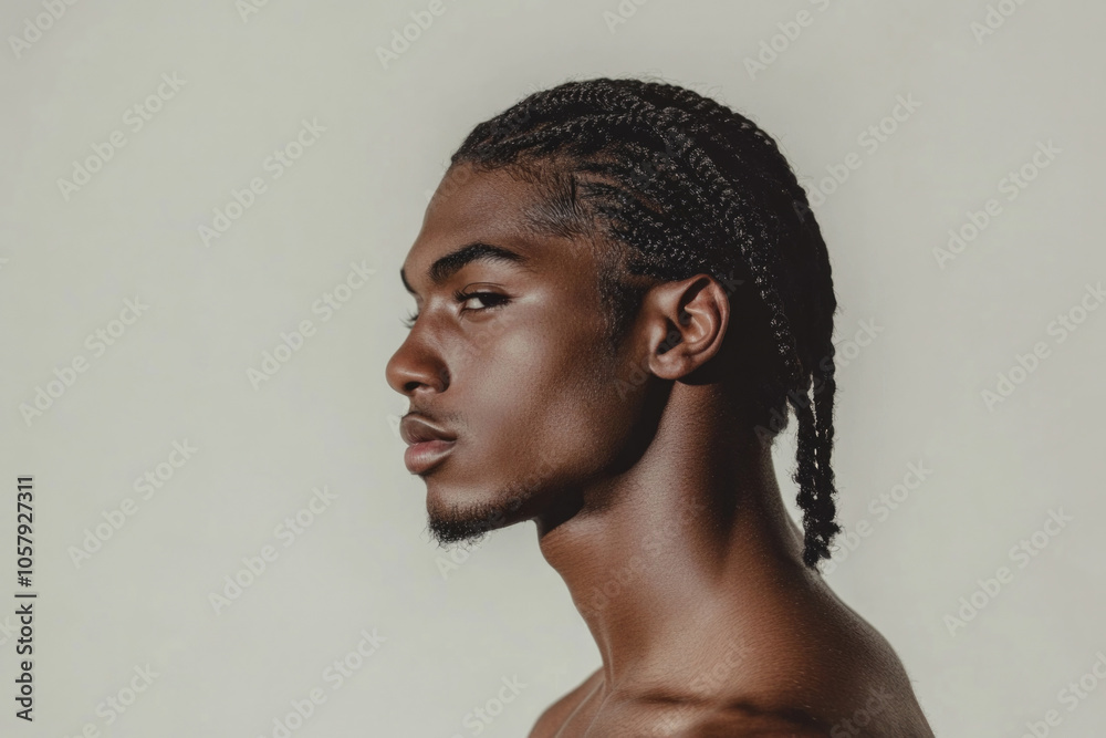 Striking profile of a man showcasing intricate braided hairstyle, with strong facial features, evoking themes of identity and strength in modern portrait photography.