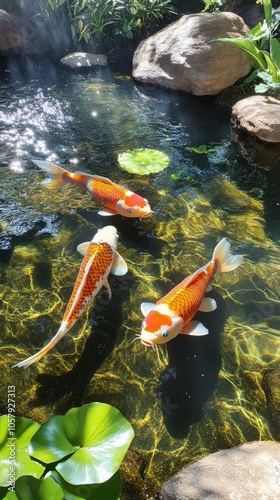 Two koi fish swimming gracefully in a serene pond surrounded by lush greenery...