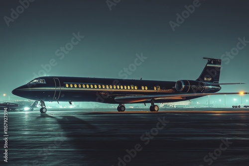 Private jet on a runway at night with reflective wet surfaces and bright airp...